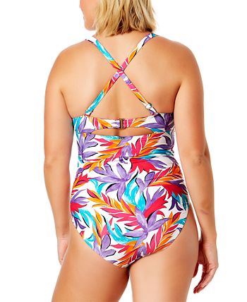 Anne Cole Women's Tropical Floral Surplice Swimdress Swimsuit Blue Size 8