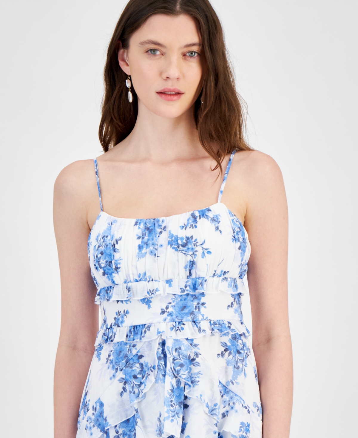 Shop City Studios Juniors' Floral Print Ruffled Sleeveless Fit & Flare Dress In White,blue