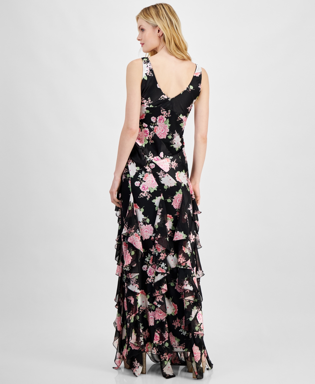 Shop City Studios Juniors' Ruffled Floral Maxi Dress In Black,pink