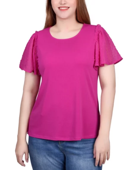 Petite Clip Dot Flutter Sleeve Top - Fushia Red