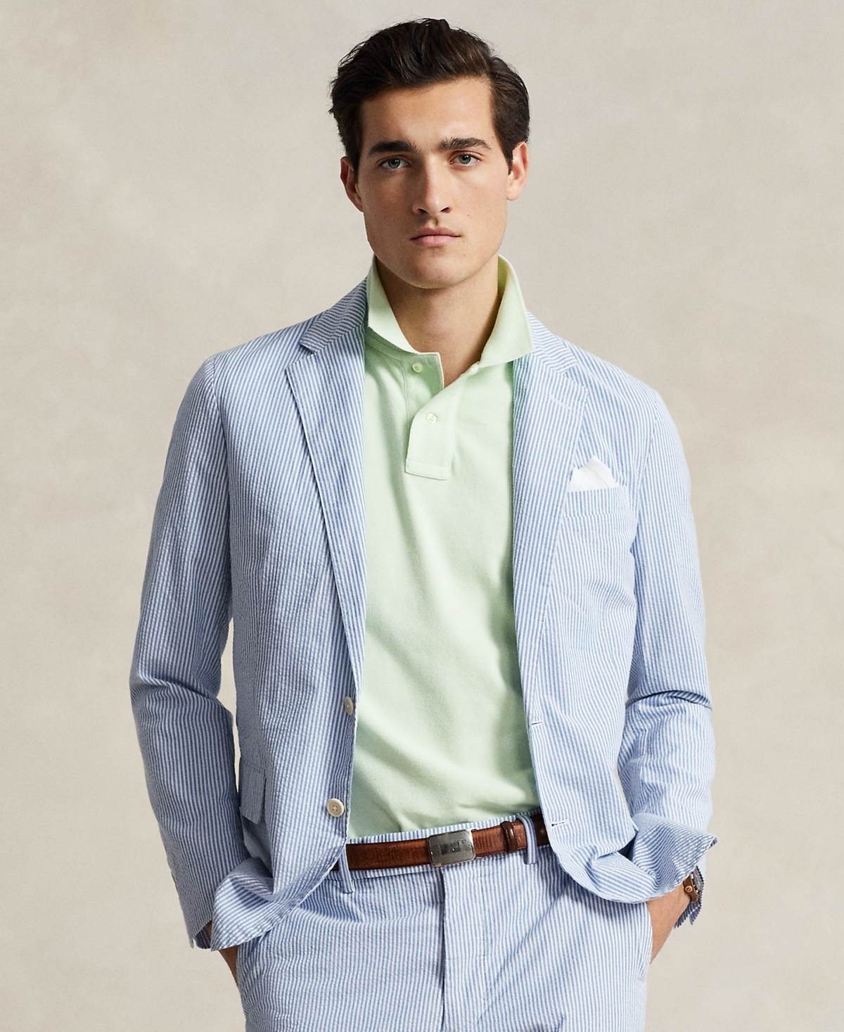 Men's Polo Soft Seersucker Suit Jacket - Bright Blue/white