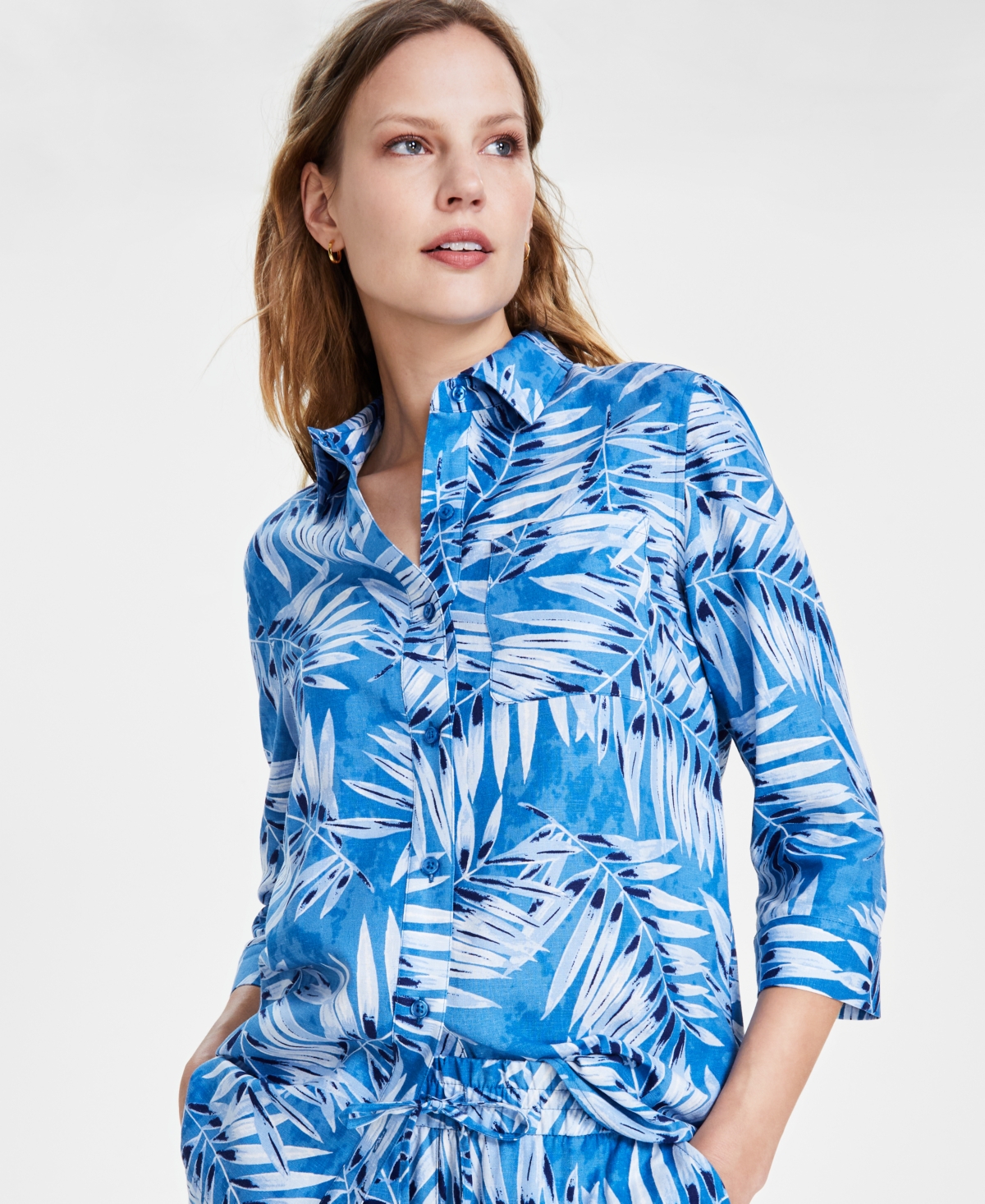 Shop Jones New York Women's 3/4-sleeve Printed Shirt In Mystic Blue,oxford Multi