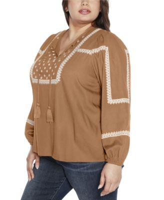 Black Label Plus Size Embroidered Blouson Tie Neck Top