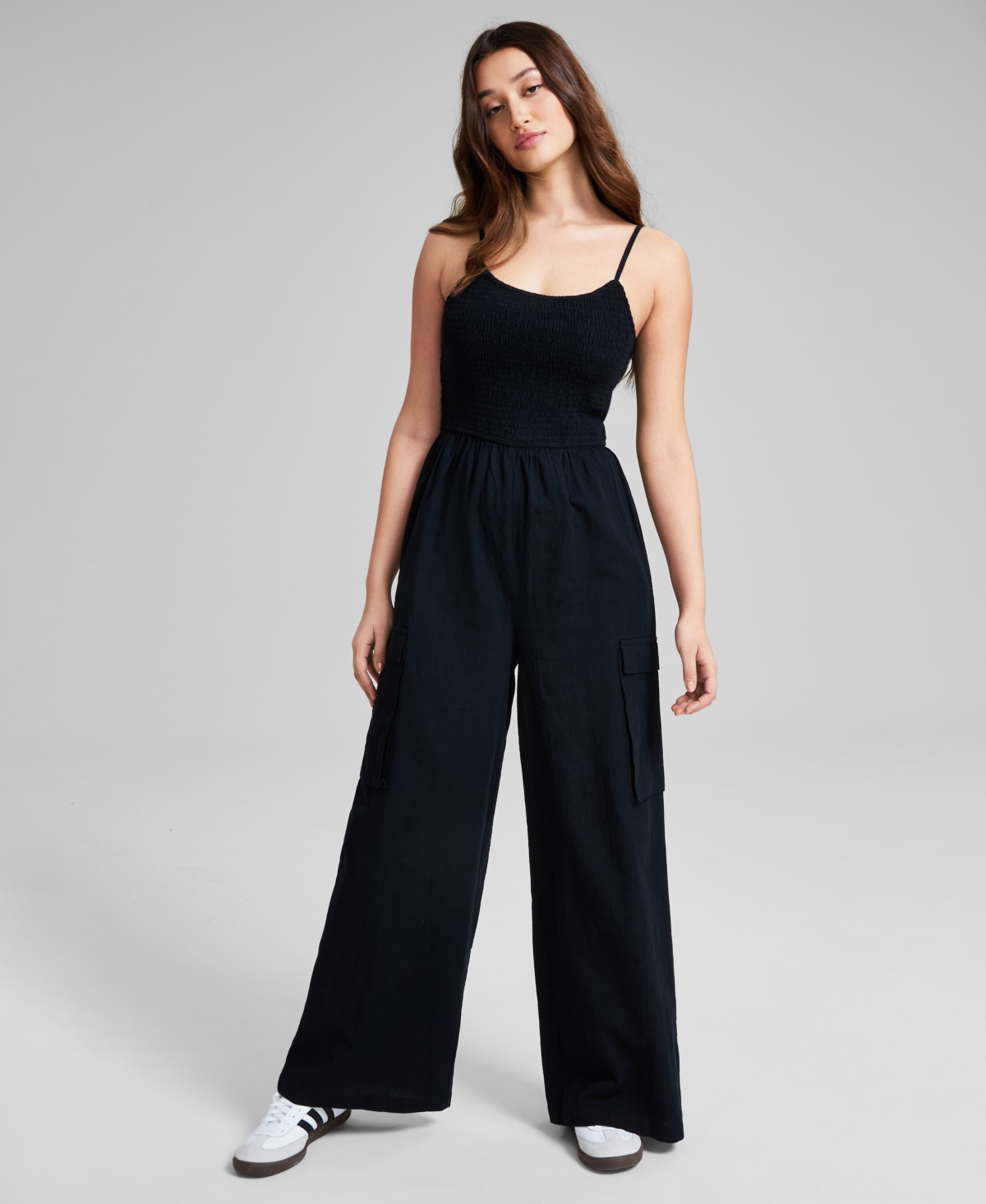 Women's Cotton Smocked Cargo Jumpsuit, Created for Macy's - Crushed Oregano