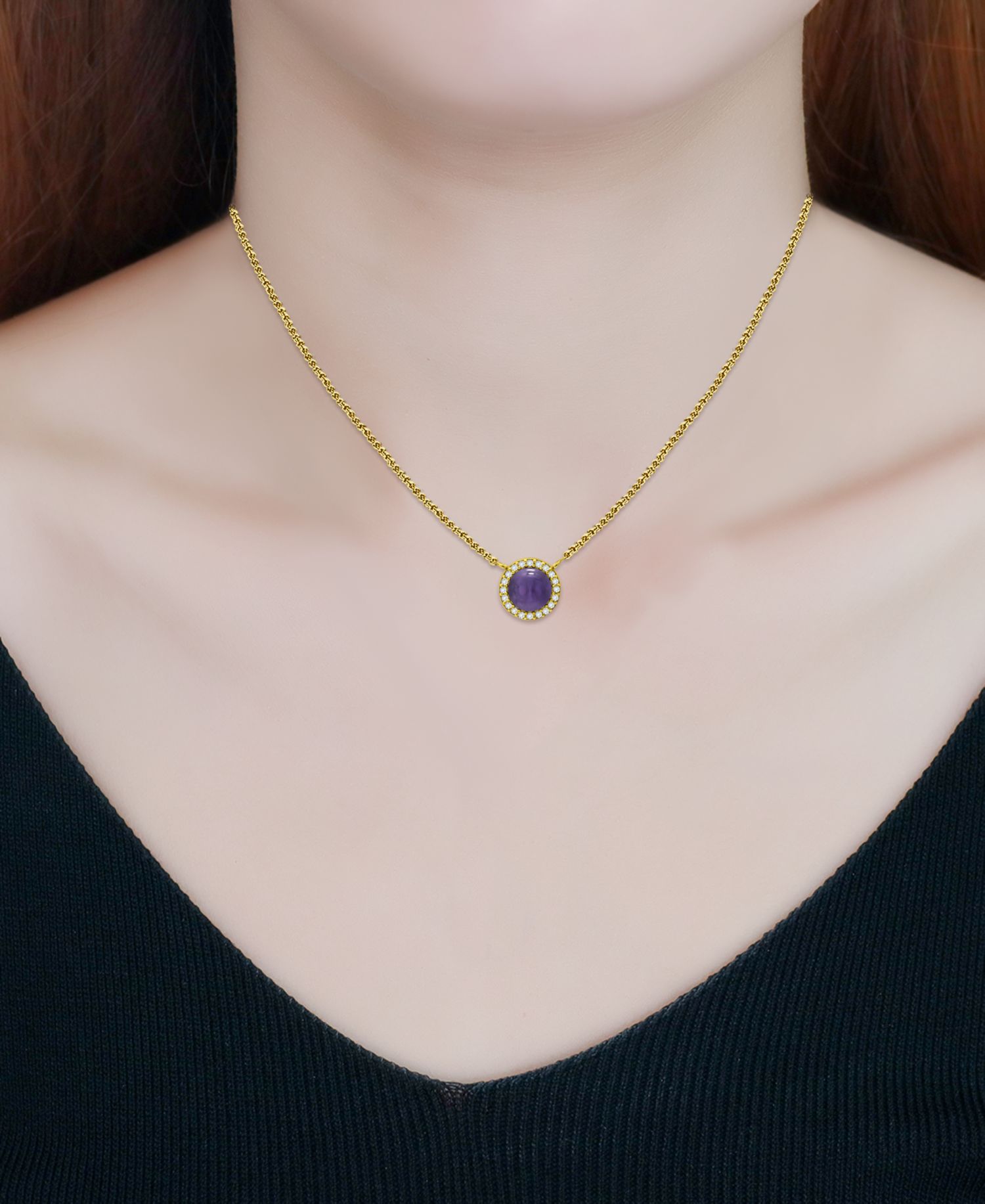 Amethyst/Gold & Cubic Zirconia Halo Pendant Necklace in 18k Gold-Plated Sterling Silver, 16" + 2" extender