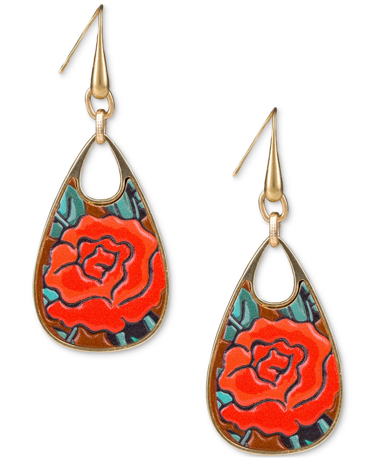 Gold-Tone Rose Printed Leather Drop Earrings - Antique Go