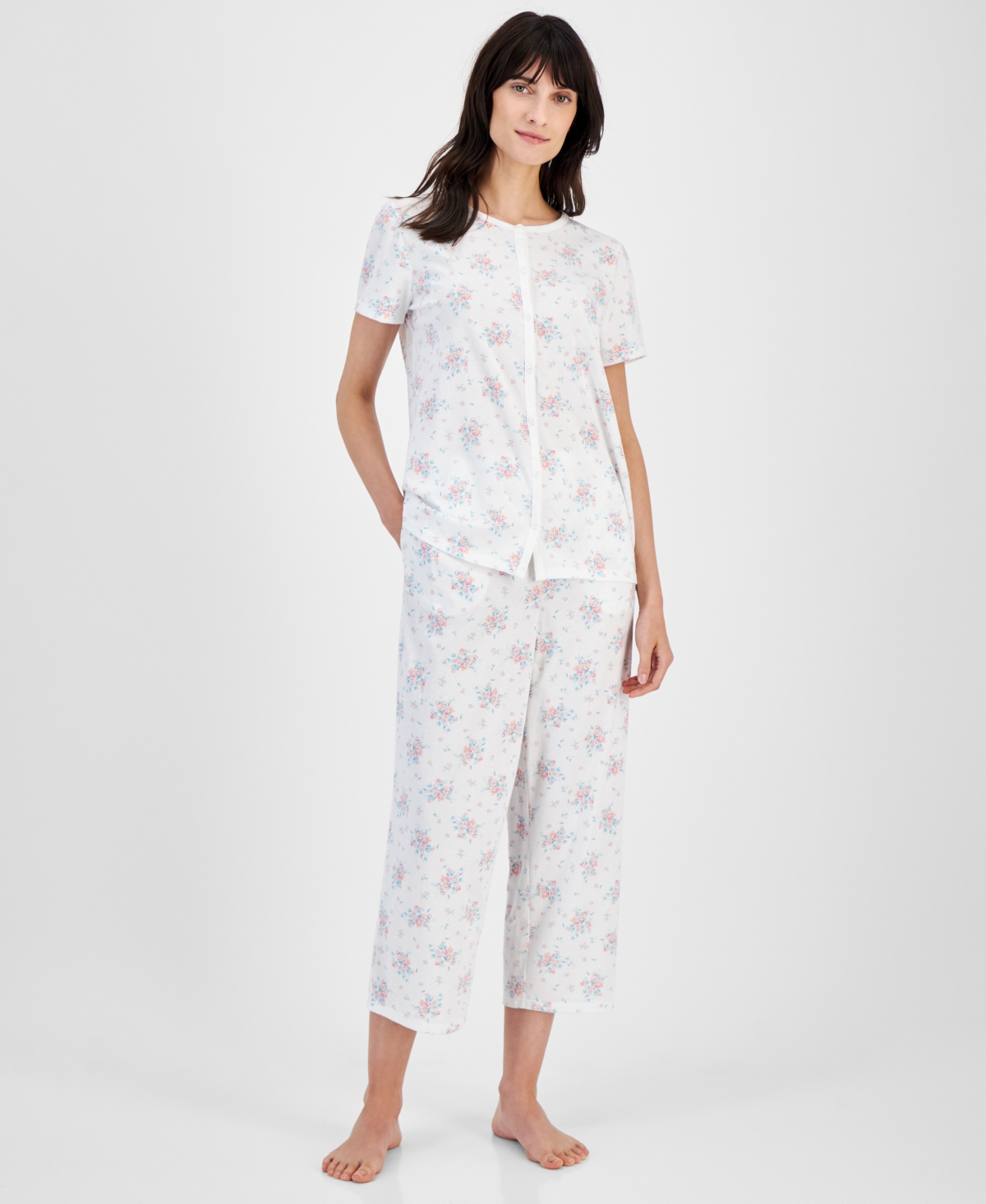 Women's 2-Pc. Cotton Cropped Pajamas Set, Created for Macy's - Trail Floral