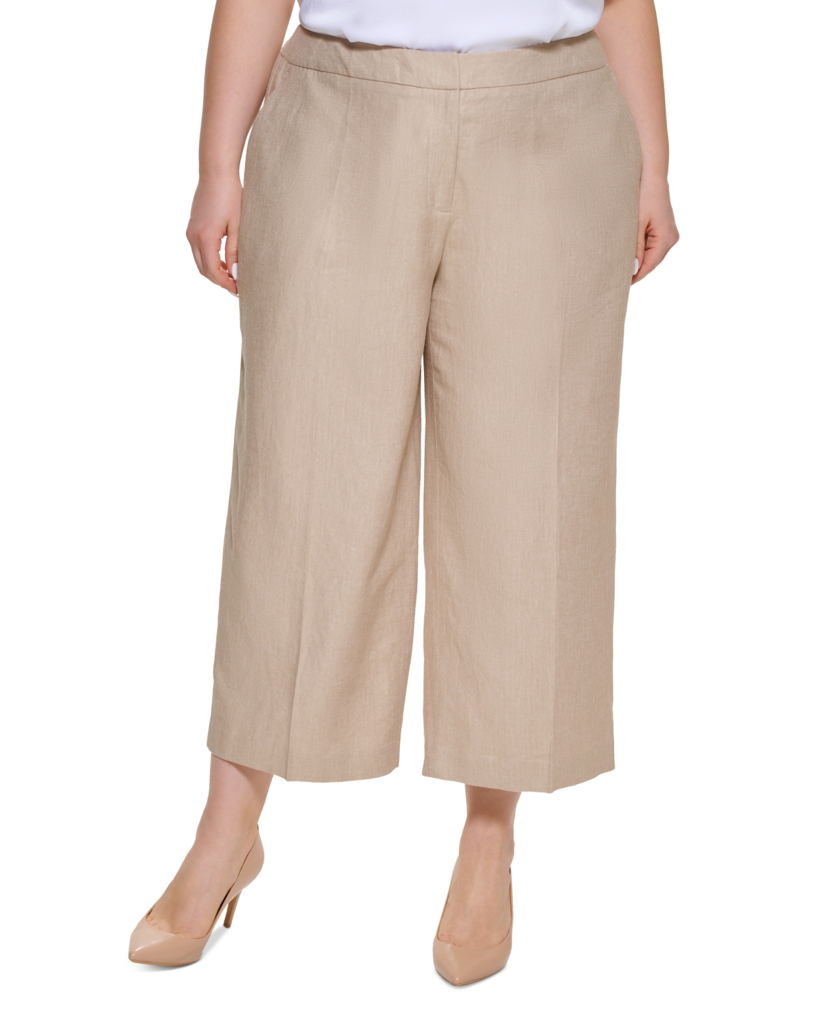 Shop Calvin Klein Plus Size 100% Linen Cropped Wide-leg Pants In Wheat,cream