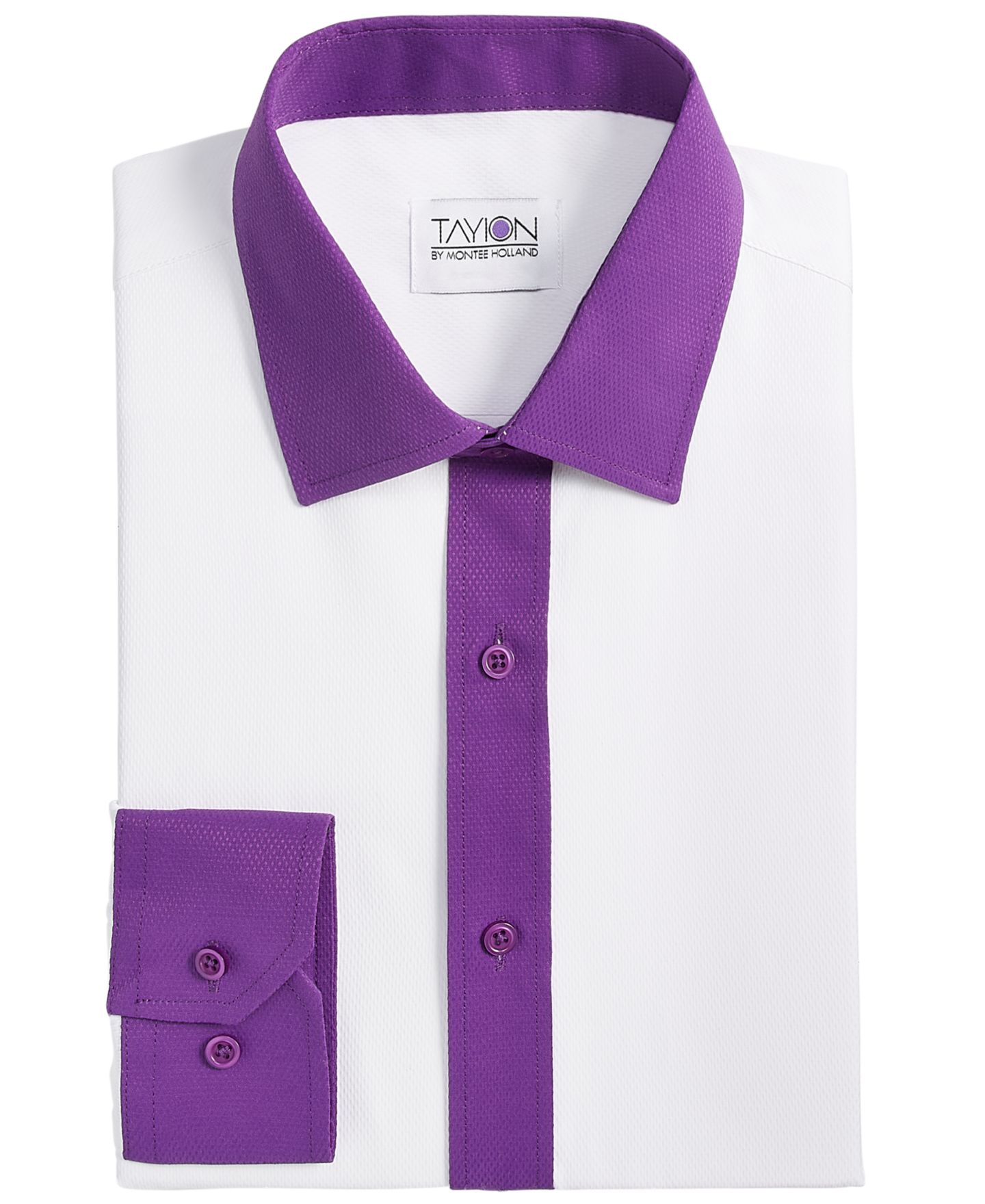 Мужская рубашка Tayion Collection Slim-Fit Purple Trim Solid Dress Shirt, цвет: Белый / Фиолетовый — фото 4