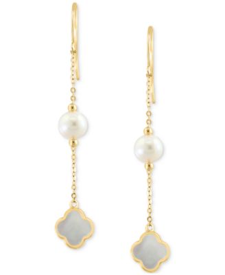 EFFY&reg; Freshwater Pearl & Mother-of-Pearl Clover Linear Drop Earrings in 14k Gold