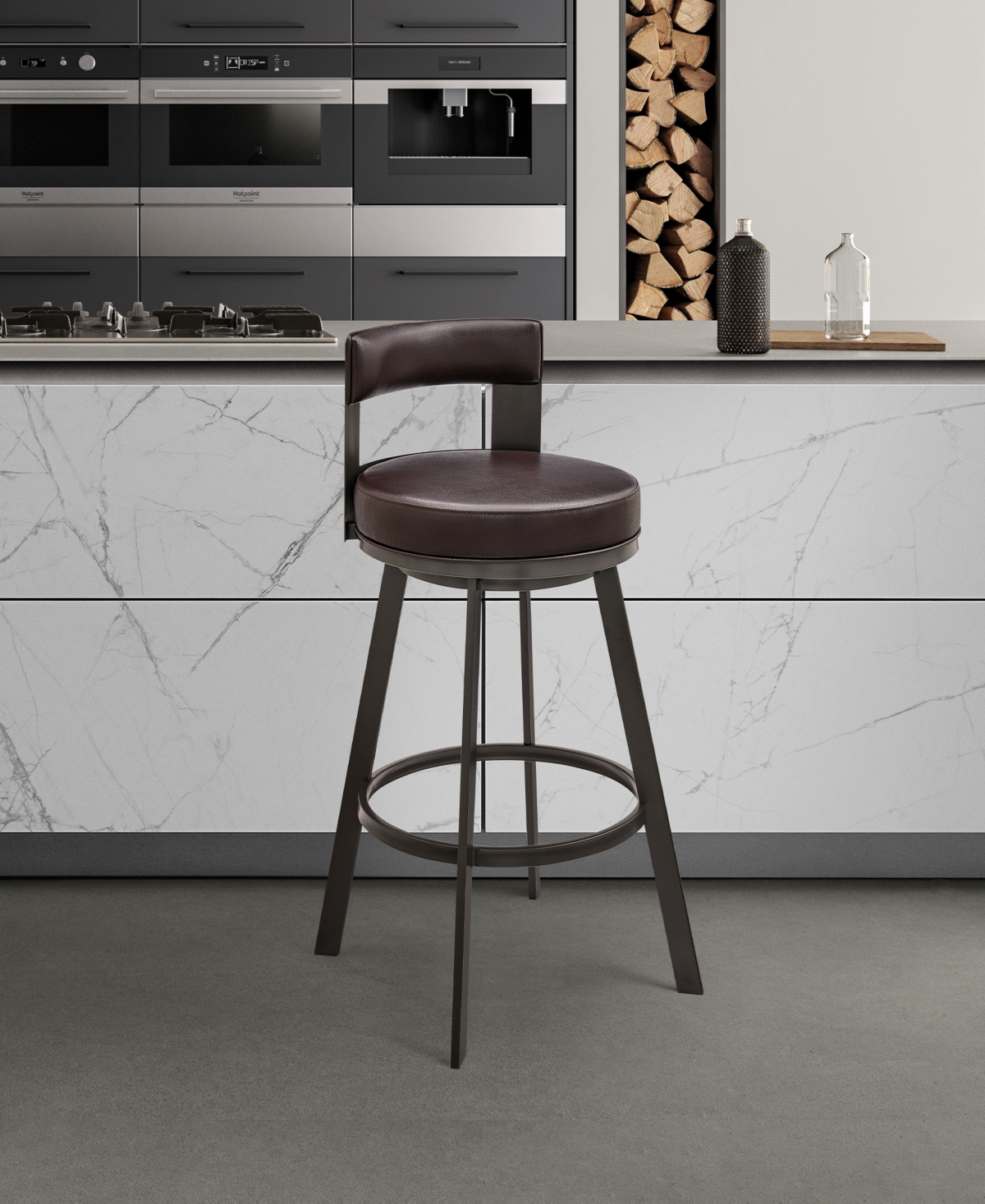 Armen Living Flynn 26" Swivel Counter Stool In Metal With Faux Leather In Brown