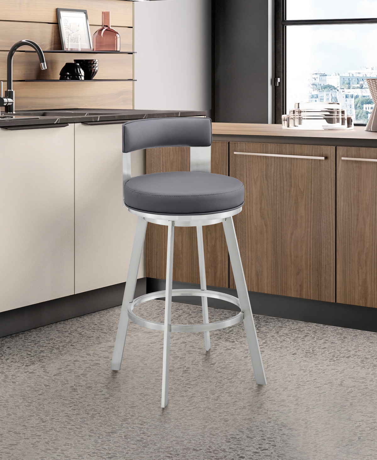 Shop Armen Living Flynn 26" Swivel Counter Stool In Silver Metal With Faux Leather In Gray,silver