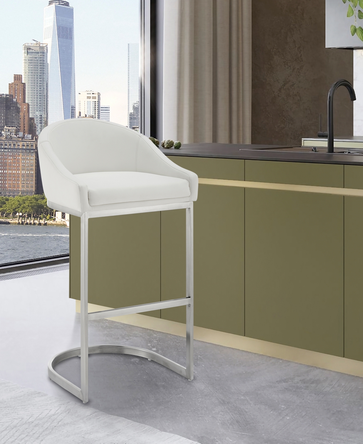 Armen Living Katherine 30" Bar Stool In Brushed Stainless Steel With Faux Leather In White,brushed Stainless Steel