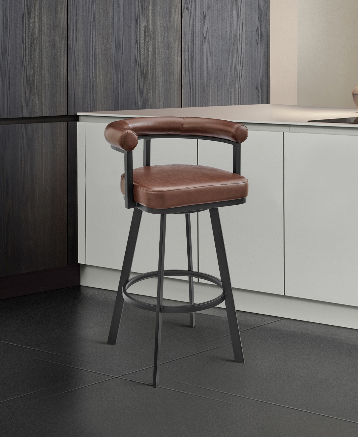 Armen Living Magnolia 26" Swivel Counter Stool In Metal With Faux Leather In Brown,black