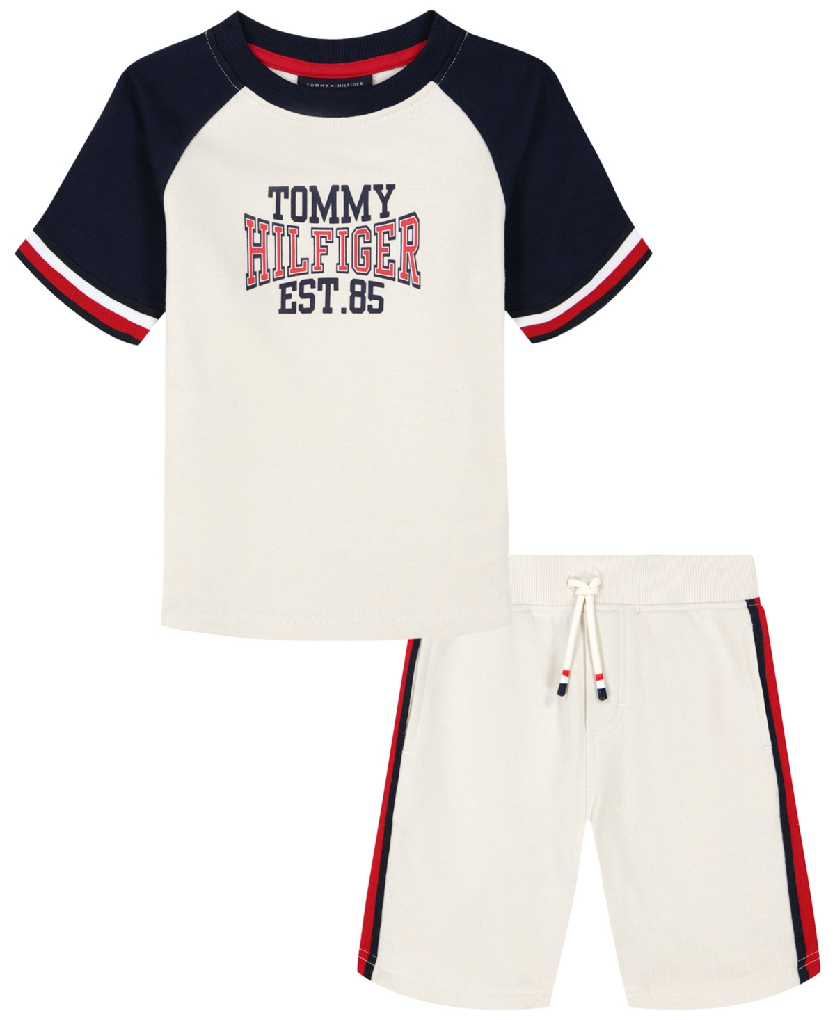 Tommy Hilfiger Baby Boys Collegiate Logo Short Sleeve Raglan T-shirt And Knit Shorts Set In White,navy
