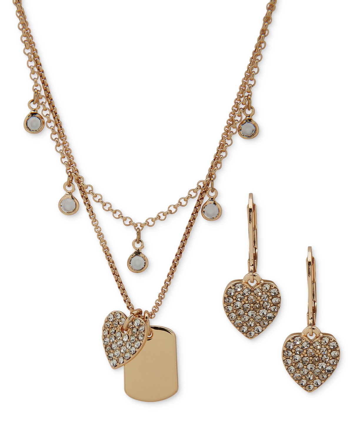 Shop Anne Klein Gold-tone Crystal Heart Charm Drop Earrings & Two-row Necklace Set, 16" + 3" Extender