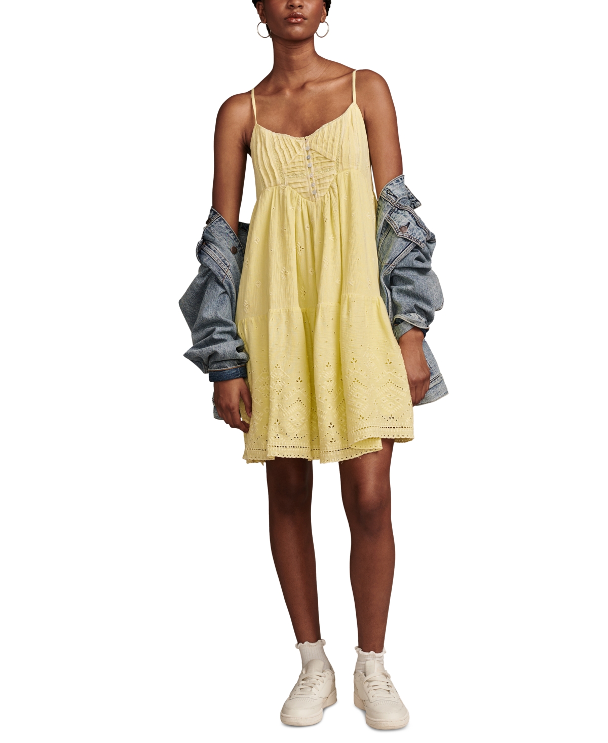 Shop Lucky Brand Women's Pintuck-bodice Tiered Mini Dress In Pale Lime Yellow