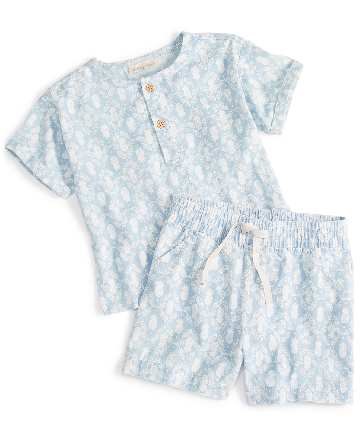 Shop First Impressions Baby Boys Pineapple Stamps Printed Henley & Shorts, 2 Piece Set, Created For Macy's In Lt Wsh Chambray