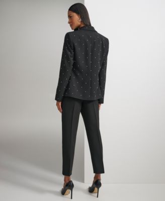 Karl Lagerfeld Womens Bead Embellished Single Button Blazer Contrast Trim Scalloped Cuff Blouse Slim Leg Ankle Pant In Black