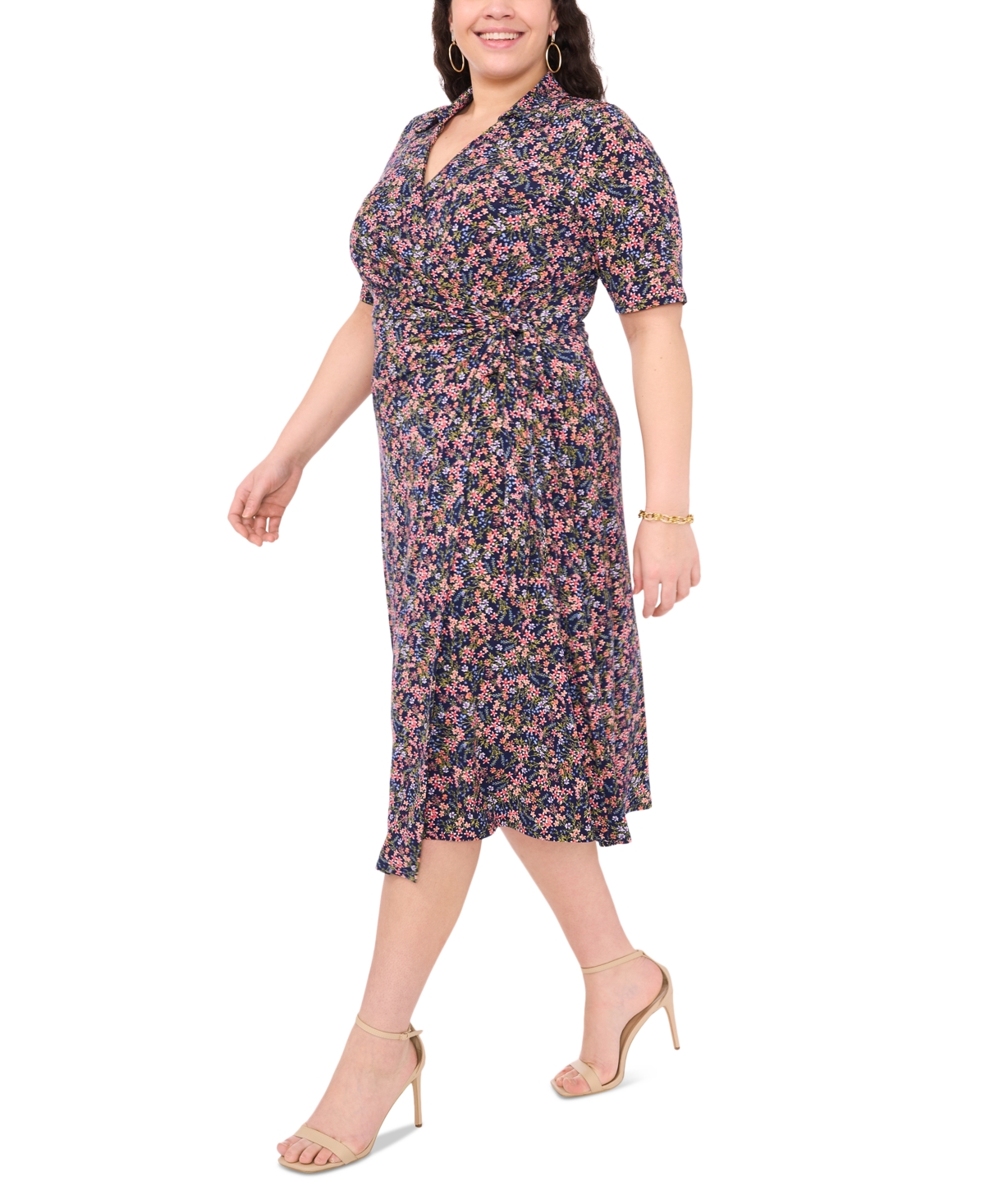 Shop Msk Plus Size Floral-print Wrap Midi Dress In Navy,multi