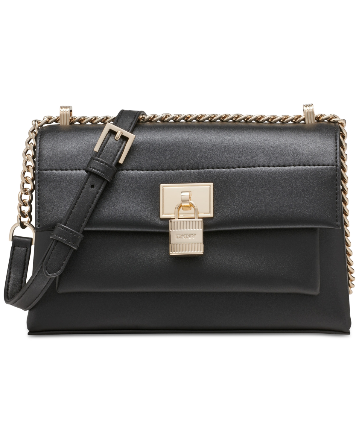 Shop Dkny Evie Small Leather Flap Crossbody In Black,gold