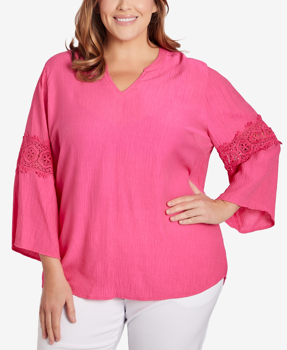 Plus Size Lace-Embellished Top - Raspberry