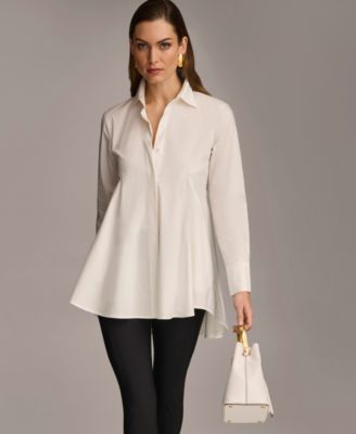 売れ筋商品|||ダナ キャラン ニューヨーク カットソー トップス レディース Plus Size Contrast-Trim Long-Sleeve Blouse Linen White/Black Donna Karan New York Women's A-Line Button Down Poplin Tunic