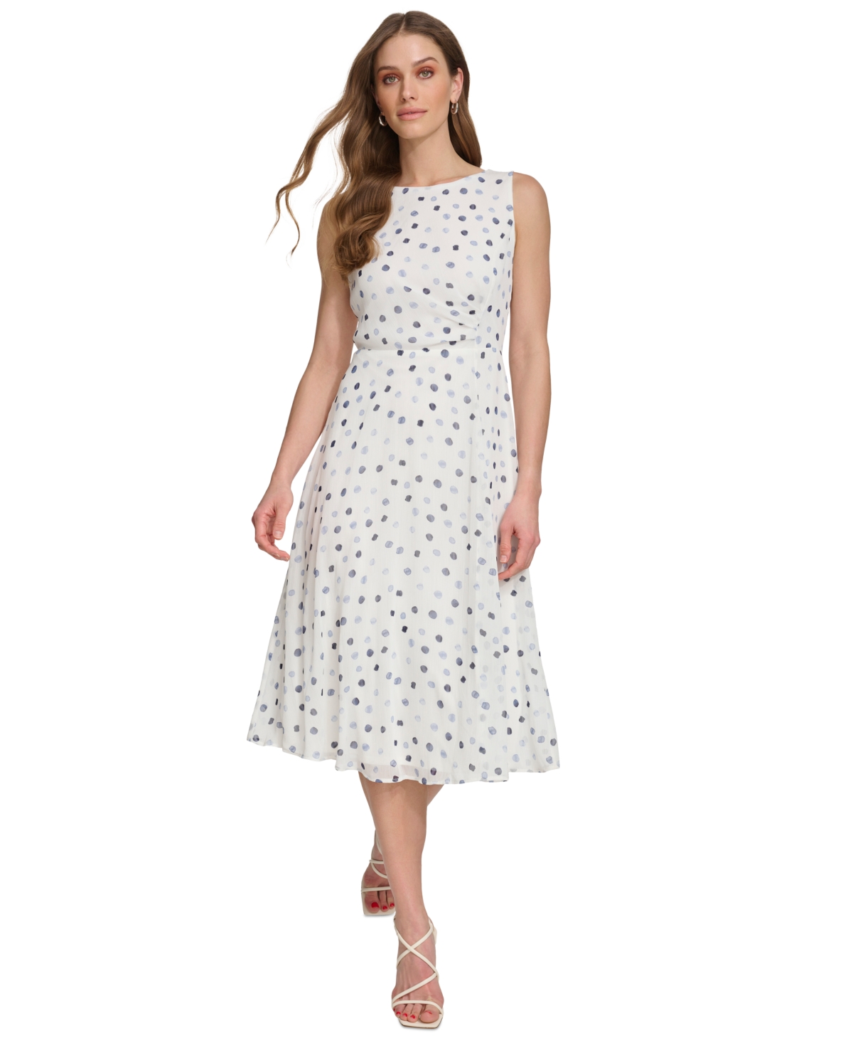 Shop Dkny Women's Dot-print Sleeveless Midi Dress In Silver,navy