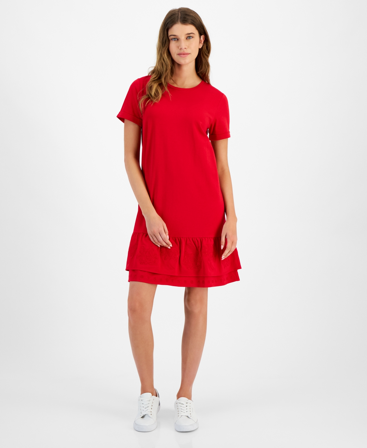 Shop Tommy Hilfiger Women's Crewneck Short-sleeve Embroidered Dress In Scarlet