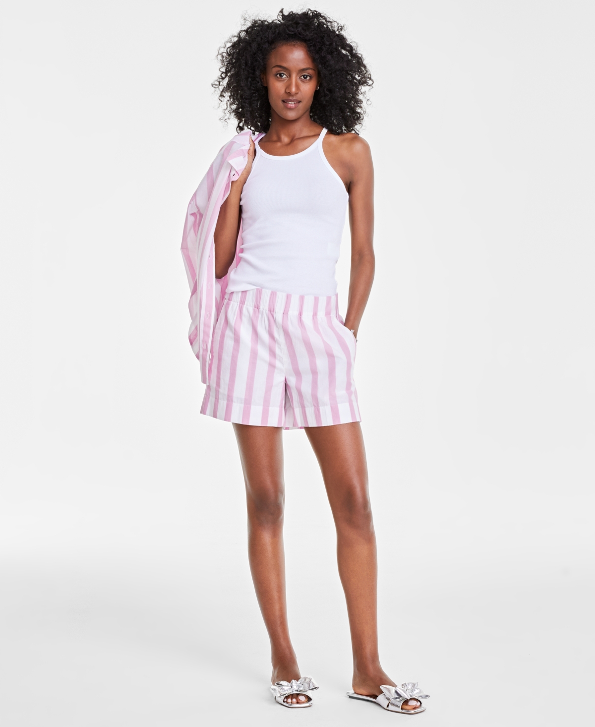 Women's Cotton Wide Stripe Pull-On Shorts, Created for Macy's - Pink Lilac