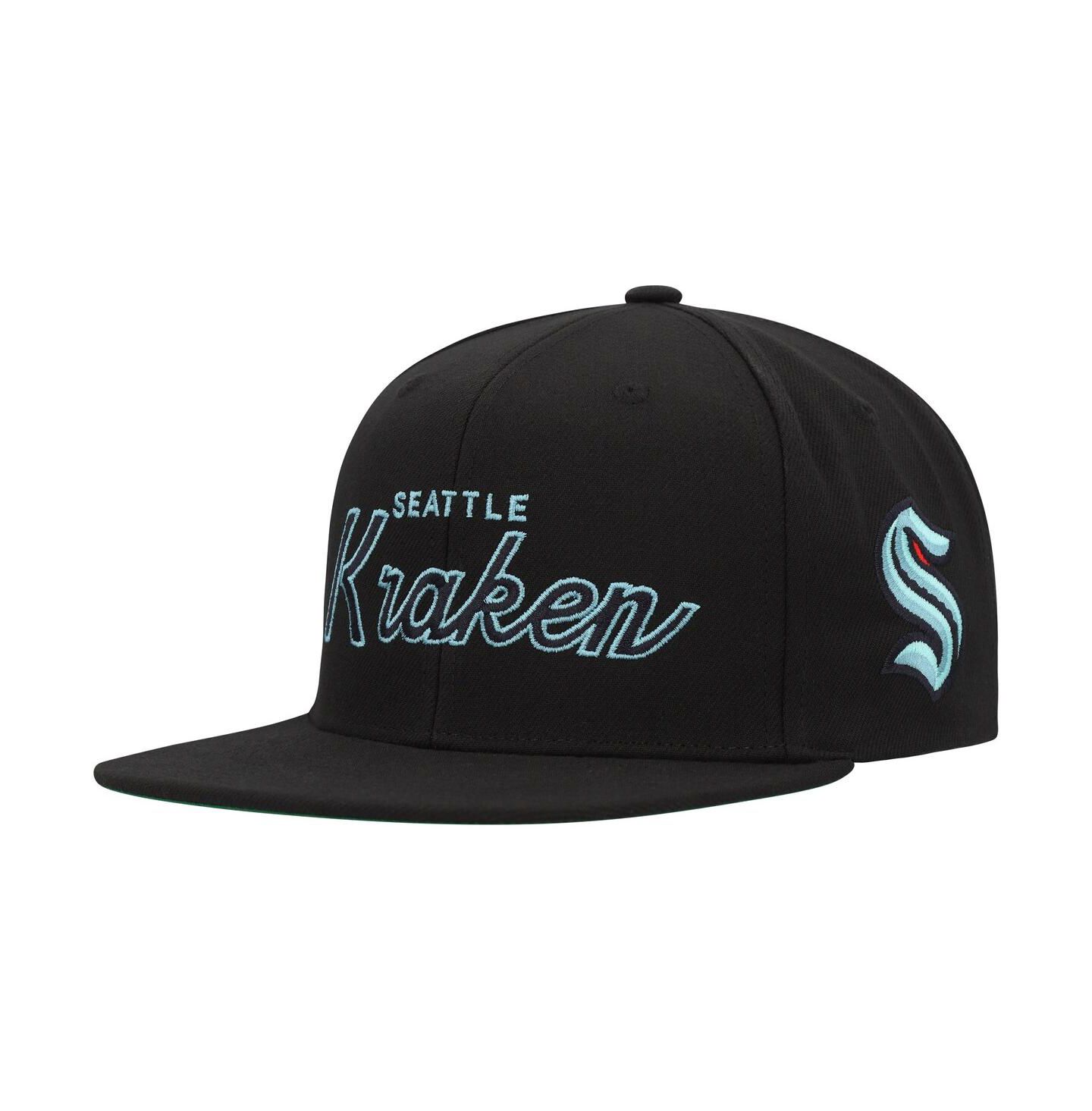Мужская кепка Mitchell & Ness Black Seattle Kraken Core Team Script 2.0 Snapback Hat — фото 1