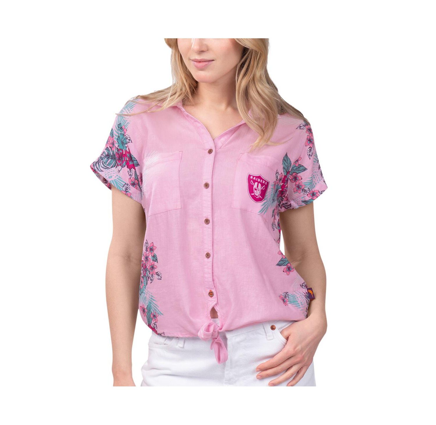 Women's Pink Las Vegas Raiders Stadium Tie-Front Button-Up Shirt
