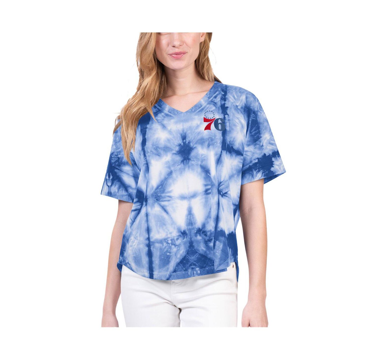 Women's Royal Philadelphia 76ers Tournament Raglan Oversized Tie-Dye V-Neck T-shirt