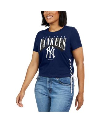 Women's Navy New York Yankees Side Lace-Up Cropped T-shirt