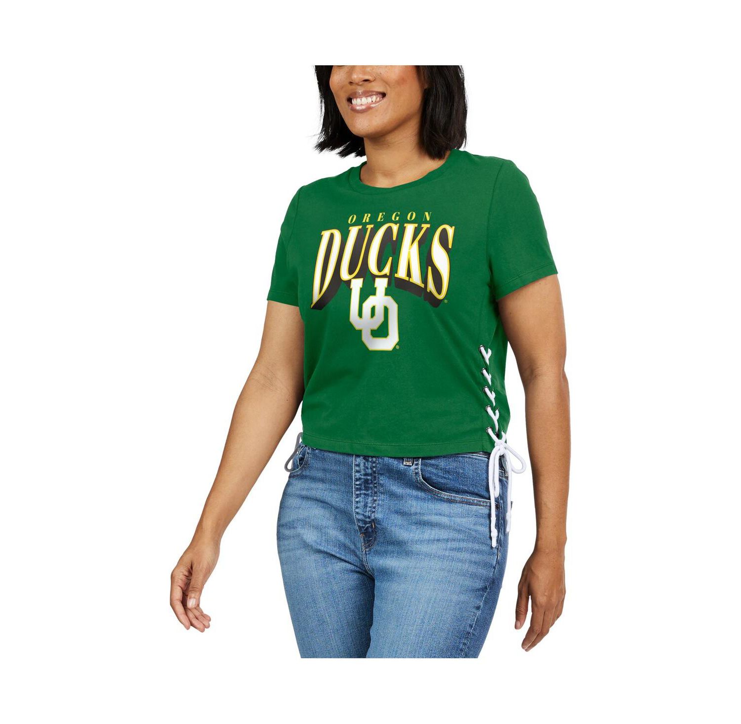 Women's Green Oregon Ducks Side Lace-Up Modest Crop T-shirt