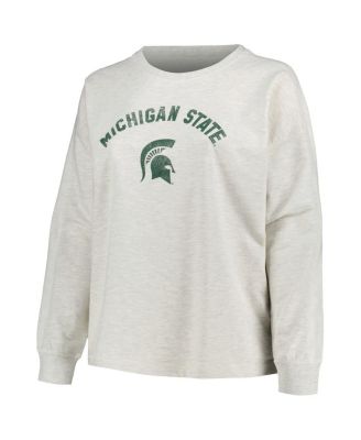 Women's Oatmeal Michigan State Spartans Plus Size Distressed Arch Over Logo Neutral Boxy Pullover Sweatshirt