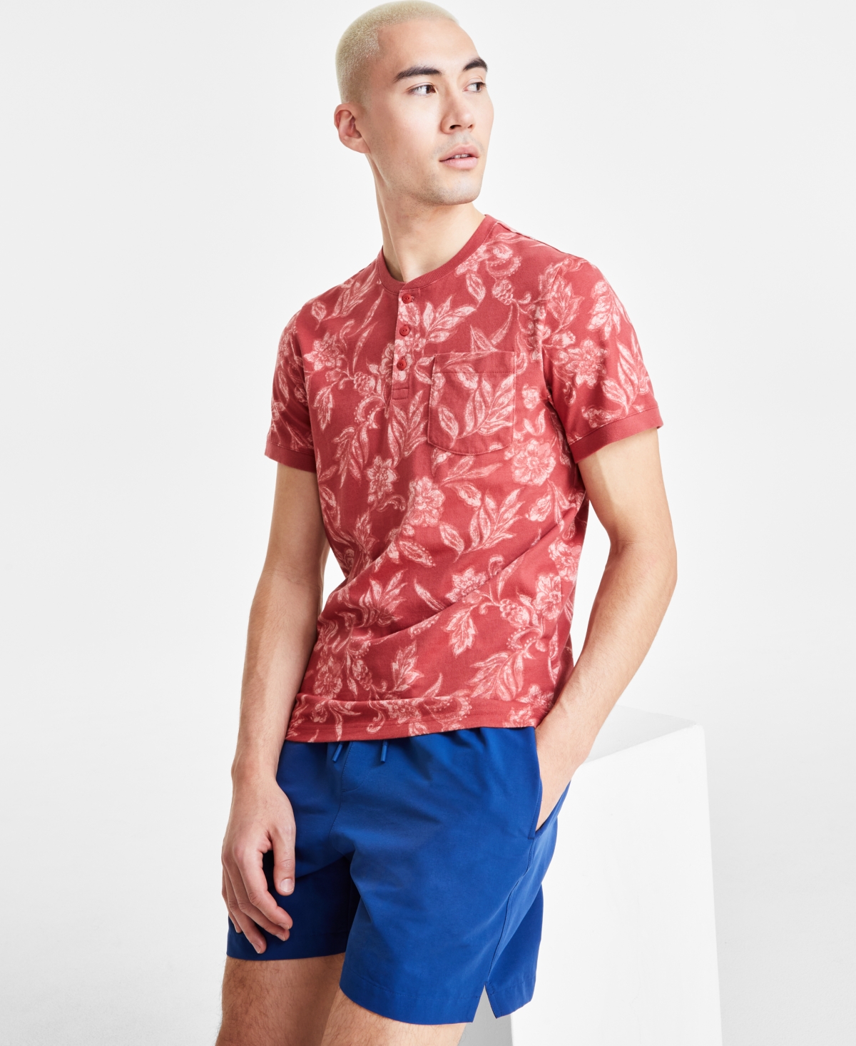 Sun + Stone Men's Short Sleeve Floral Print Henley, Created for Macy's