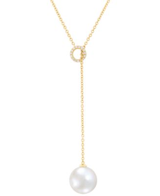 Macy's - Cultured Ming Pearl (13mm) & Diamond (1/10 ct. t.w.) 20" Lariat Necklace in 14k Gold