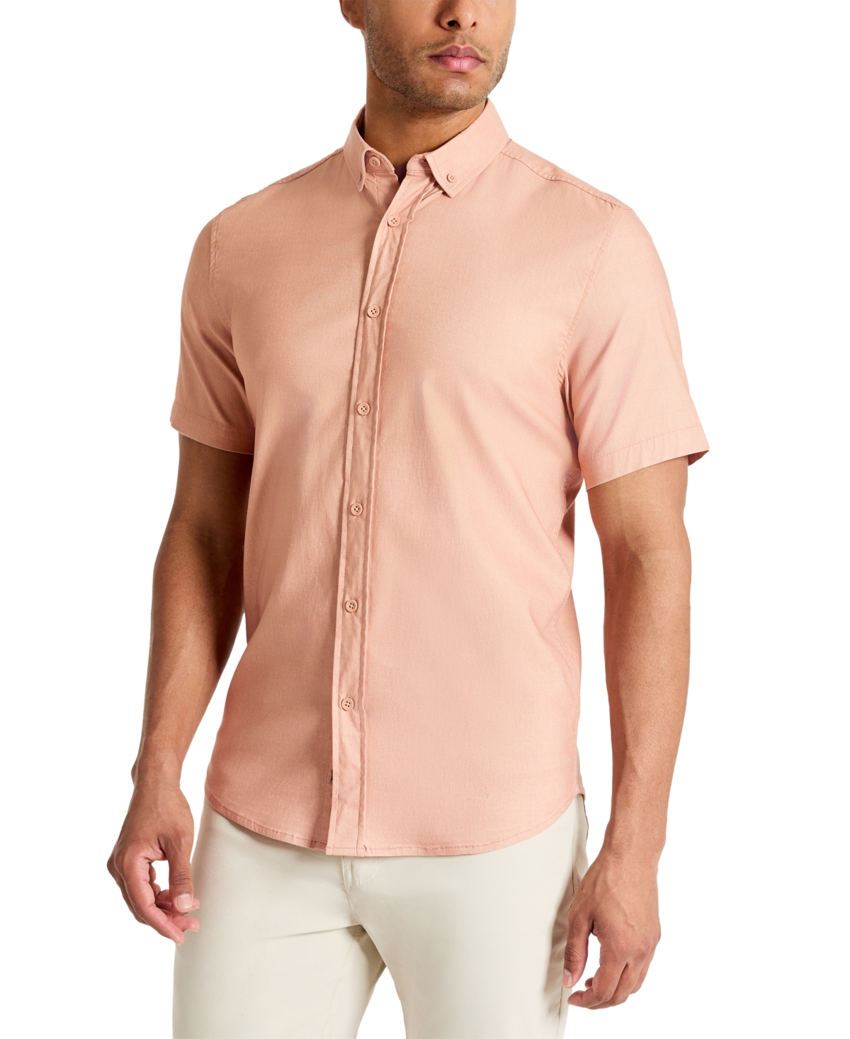 Shop Kenneth Cole Men's Slim Fit Short Sleeve Button-down Sport Shirt In Coral