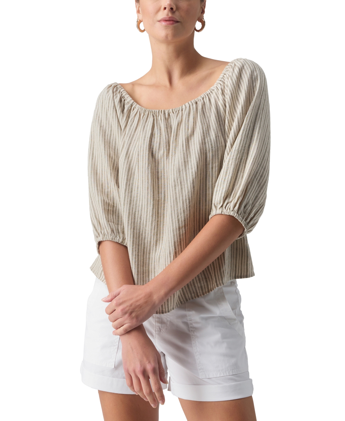 Sanctuary Women's Beach To Bar Linen-blend Striped Blouse In Eco Olive Stripe