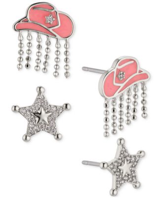 AJOA - Silver-Tone 2-Pc. Set Pav&eacute; Cowboy Hat & Sheriff Star Stud Earrings