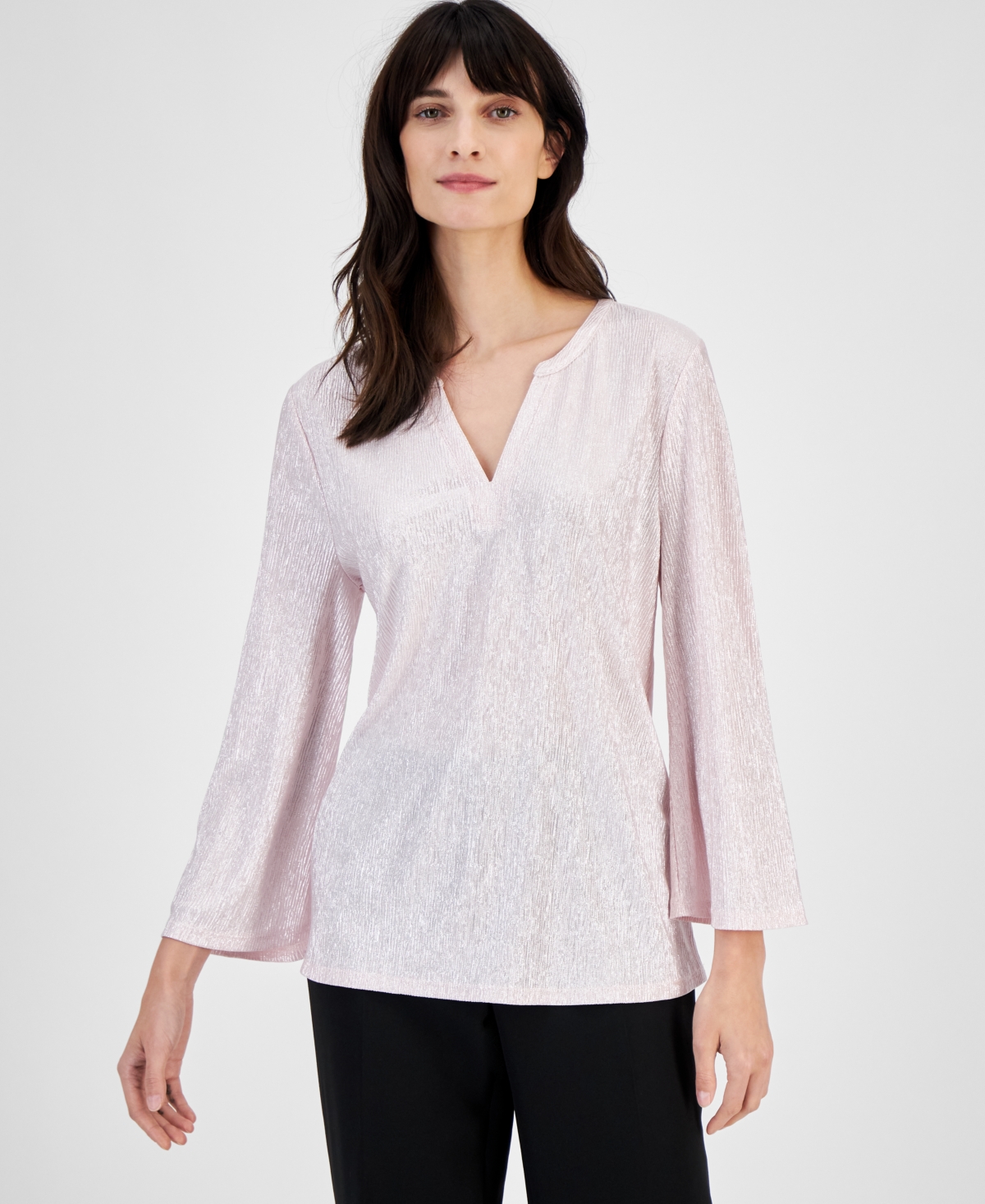Shop Jm Collection Women's Shine 3/4 Sleeve Plisse Split-neck Top, Created For Macy's In Lilac Sky