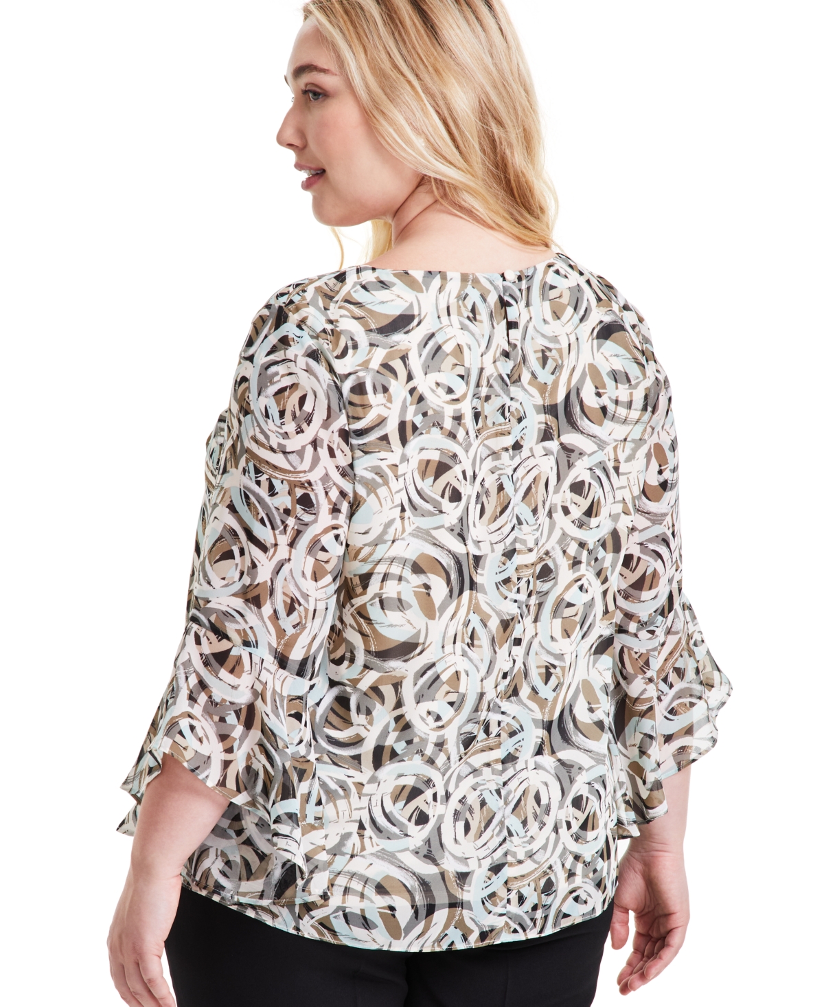 Kasper Plus Size Printed 3/4-Sleeve Blouse -Cypress Grey