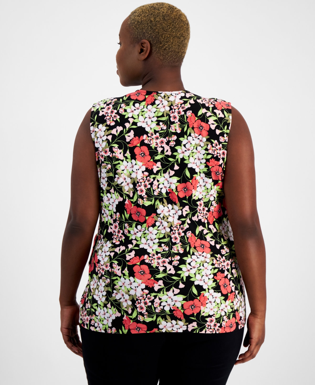 Anne Klein Plus size Printed Faux-Wrap Sleeveless Top, Created for Macy's -Red Pear