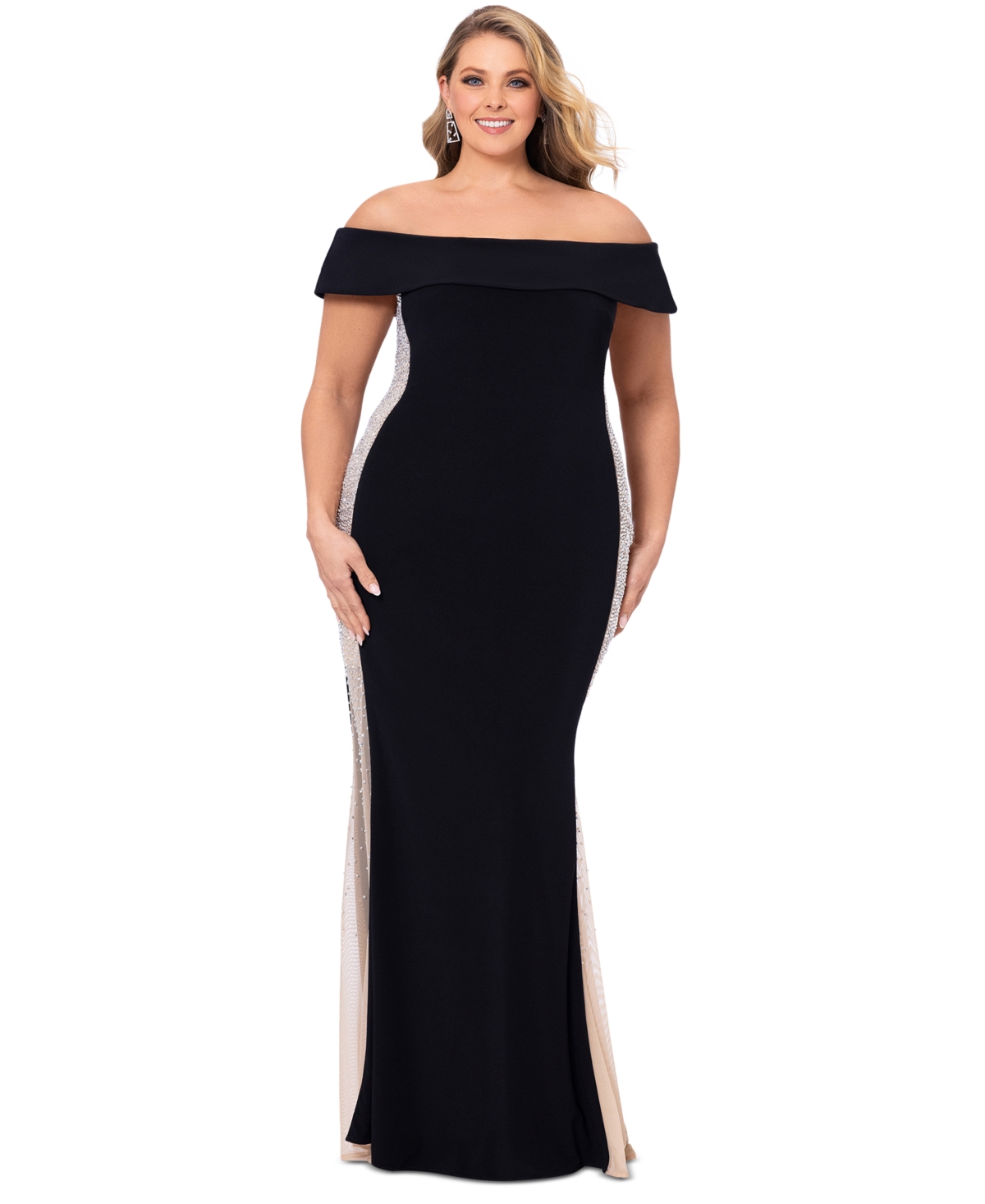 Plus Size Off-The-Shoulder Beaded Mesh Panel Dress - Black/Nude/Silver