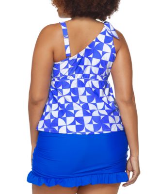 Shop Raisins Curve Trendy Plus Size Marita One Shoulder Tankini Top Echo Tummy Control Full Coverage Swim Skirt In Blue