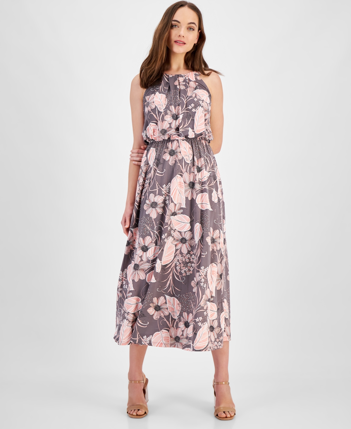 Petite Floral Halter Sleeveless Maxi Dress - Grey/Pink