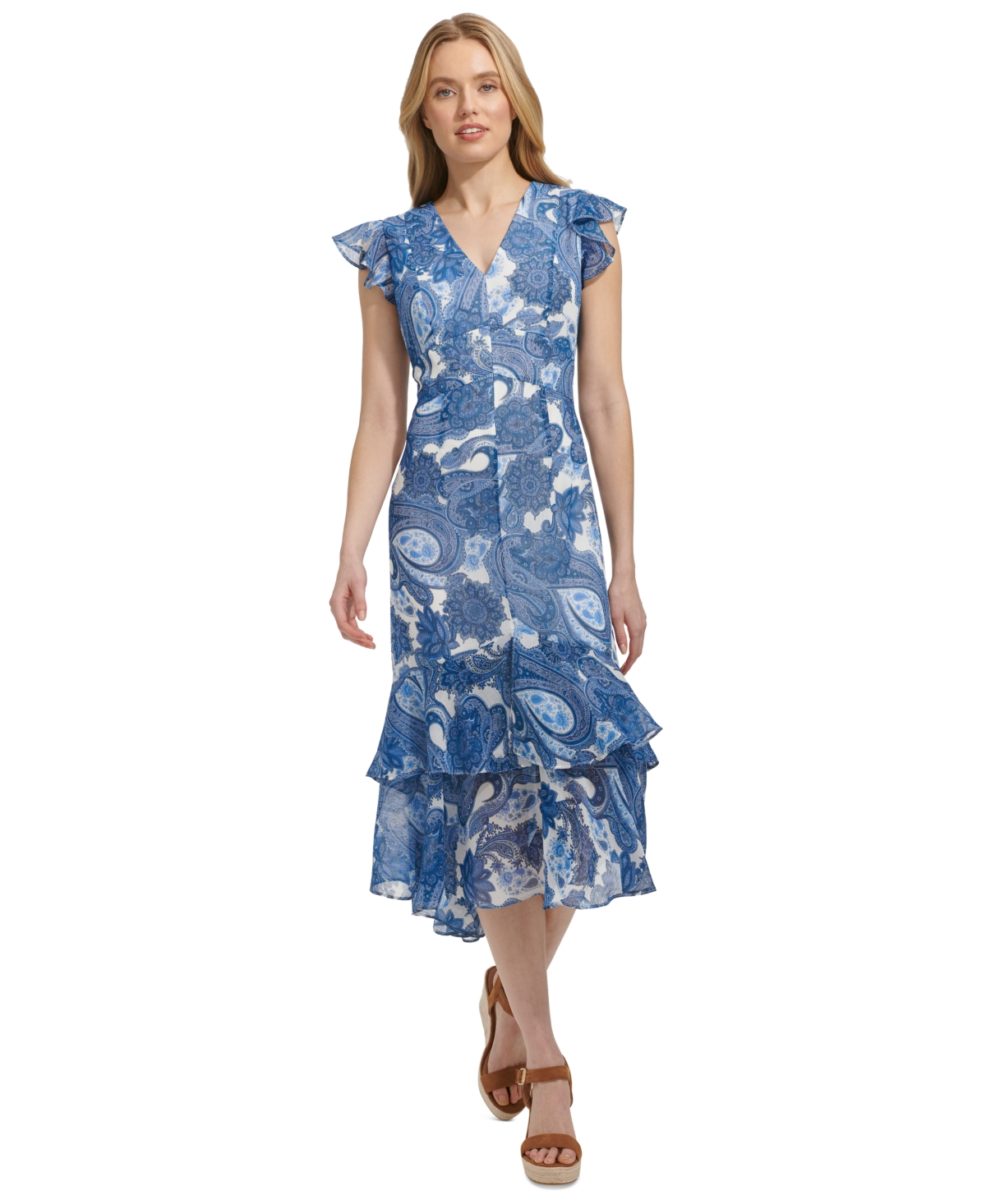Women's Paisley-Print Ruffled Midi Dress - Ivory Blue