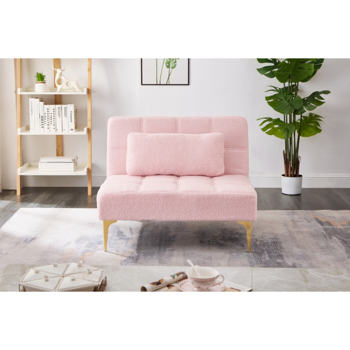 Convertible Single Sofa Bed Futon With Gold Metal Legs Teddy Fabric (Pink)