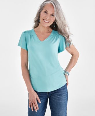 Style & Co - Petite Smocked-Shoulder V-Neck Flutter-Sleeve Top
